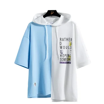 

Aoliwen brand men's hooded short-sleeved 2020 summer slim fitness short-sleeved men's slim two-color stitching alphabet top