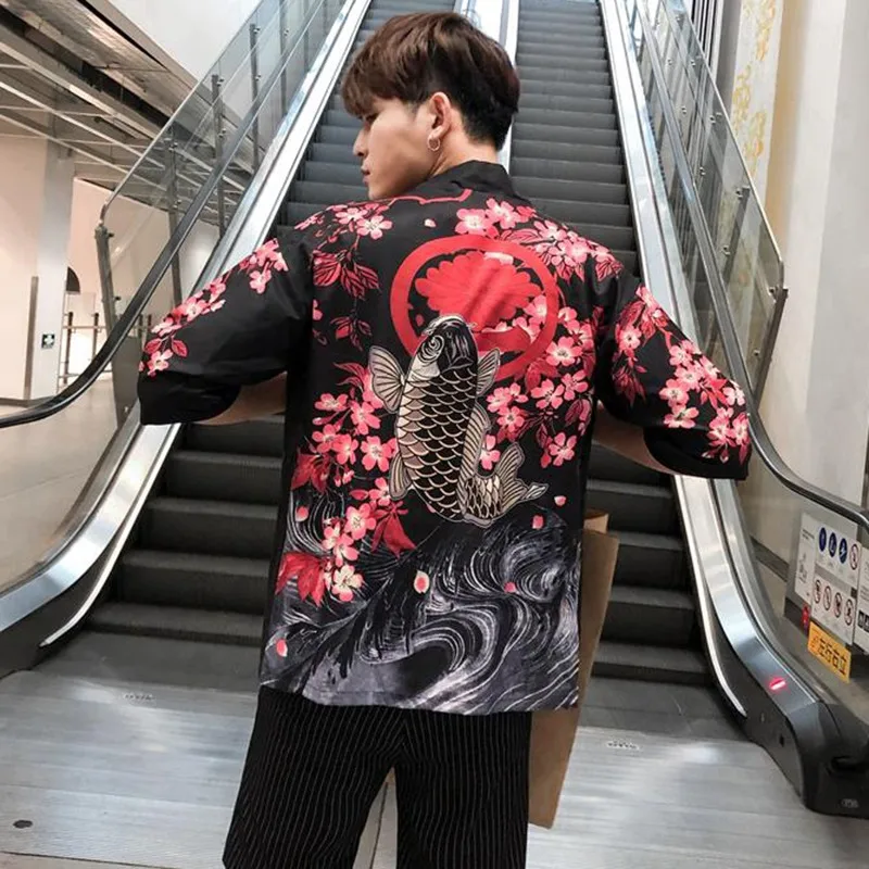Японский стиль кимоно мужской кардиган Половина рукава открытый передний плащ куртка пальто