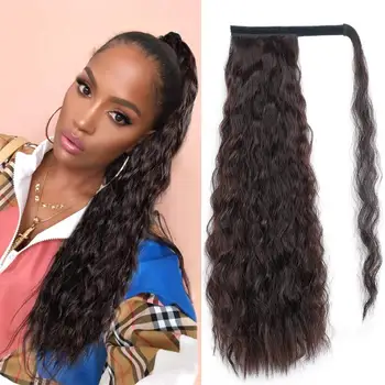 Wavy Ponytail Extension Long Curly Synthetic Magic Paste Ponytail 22inch Curly Wave Ponytail Extensions Heat Resistant Hairpiece charming shaggy tacos curly fashion highlight heat resistant synthetic long ponytail for women