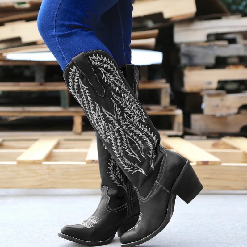 MoneRffi/женские ботинки; классические ковбойские ботинки с вышивкой в западном стиле; женские кожаные женские ковбойские ботинки; обувь на низком каблуке; женские сапоги до колена