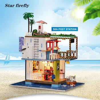 

Star firefly Wooden doll house Sea Station Villa Leisure holiday cottage 1:12 Miniature DIY dollhouse Creative Toys For Gifts