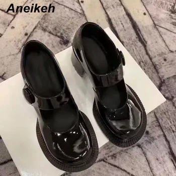 

Aneikeh Spring Autumn Flats Round Toe Mary Janes Vintage Shoes Button Embellished Shoes Lady Casual PU Flats Shoes Zapatos Mujer