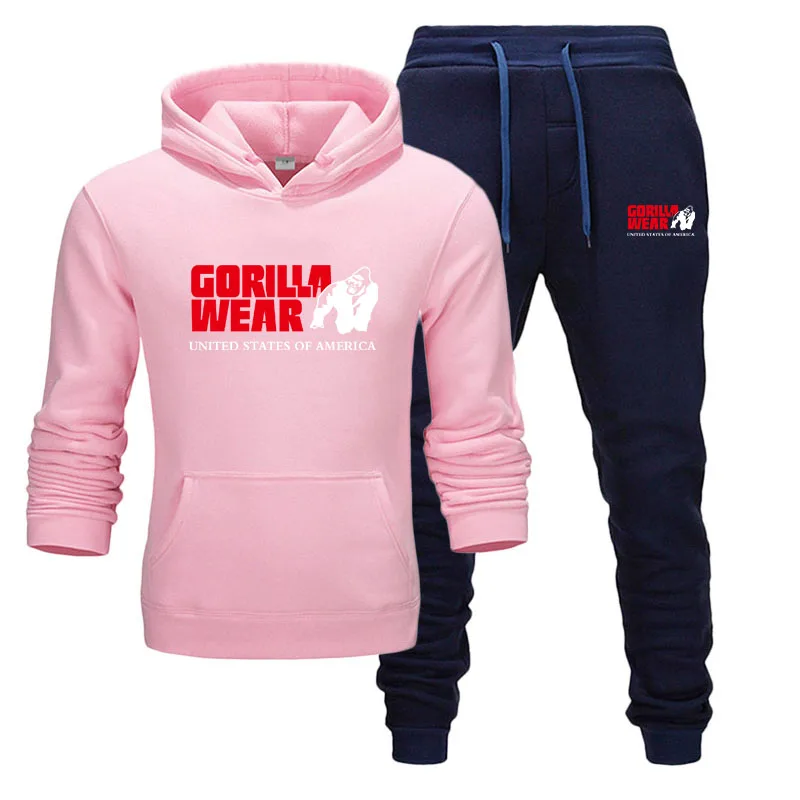 pink navy Спортивный костюм Горилла одежда Мужская спортивная одежда 2 шт. наборы все хлопок флис толстая толстовка+ брюки спортивные костюмы Уличная пуловер мужской - Цвет: pink navy