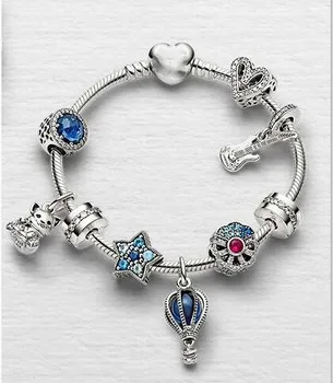

925 Sterling Silver Beaded Bracelet Blue & Pink Fan Bangle For Women Wedding Gift Pandora Jewelry