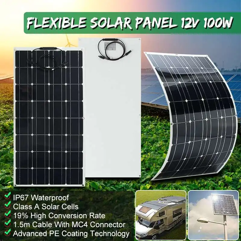 

Solar Panel 100W 18V Semi-flexible Monocrystalline Solar Cell IP67 Waterproof Outdoor Connector Battery Charger with 1.5m Cable
