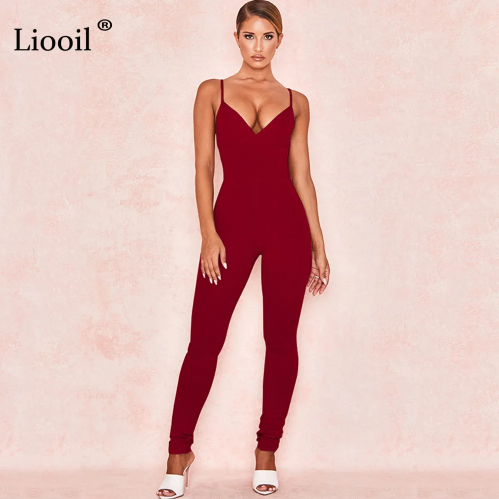 Liooil One Piece Outfits Black White Sexy Tight Jumpsuits Fall Sleeveless V Neck Bodycon Party Club Rompers Womens Jumpsuit - Цвет: Wine Red