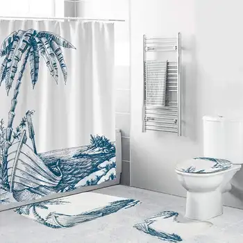 

Sketch Style Bathroom Set Waterproof Shower Curtain Non-slip Mats Bath Carpets Toilet Seat Cover Lid Floor Mat Bathroom Decor