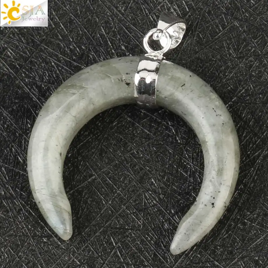 Labradorite Csja натуральный хрустальный каменный кулон серебряного цвета ожерелья полумесяц двойная Подвески в виде рога для женщин и мужчин целебные ювелирные изделия G159 - Окраска металла: Labradorite