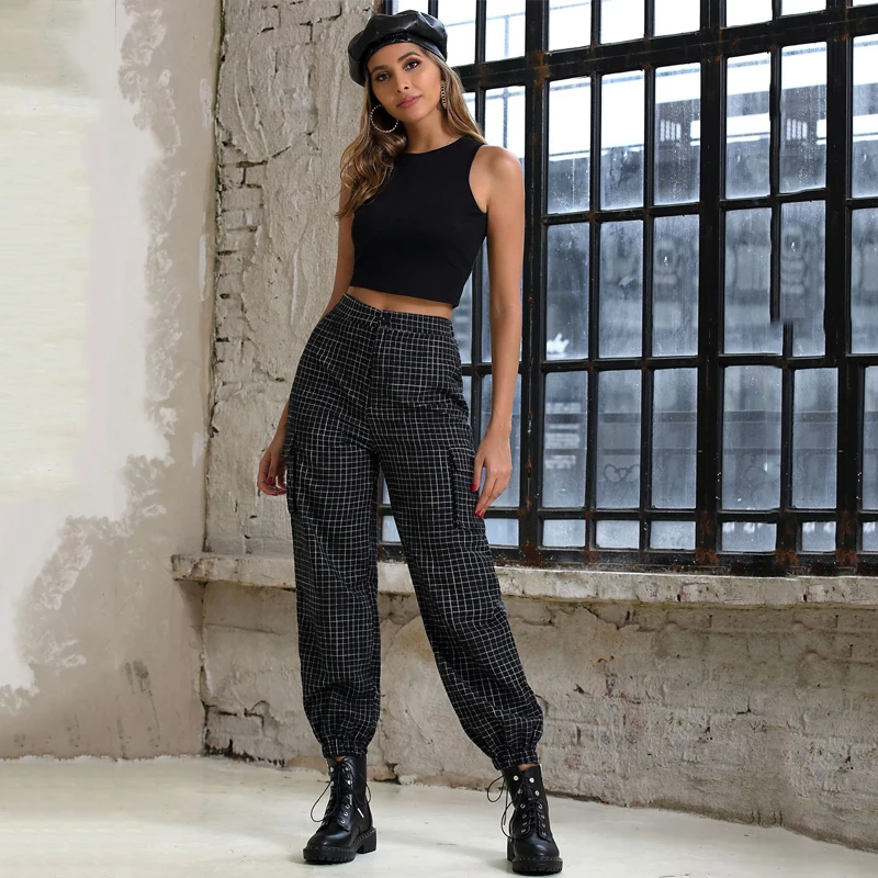 

Ursohot High Waist Plaid Pants Sexy Slim Elastic Feet Trousers Femme Loose 2019 Vintage Casual Pocket Cargo Pants Women Clothing