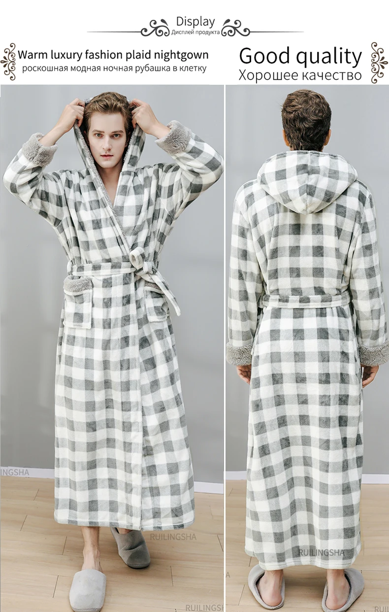 Men Winter Super Long Thick Warm Flannel Bathrobe Plus Size Hooded Ankle Length Coral Fleece Bath Robes Women Soft Dressing Gown jockey pajama pants