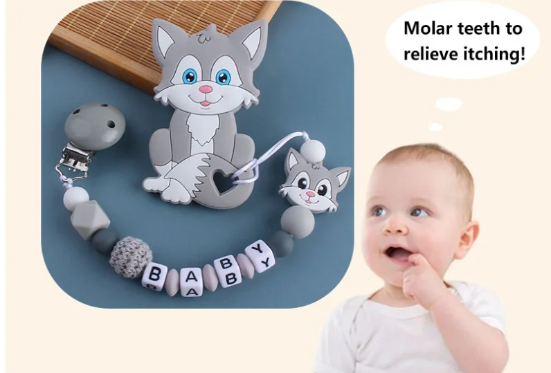 Coskiss Personalized Name Handmade Pacifier Clips Holder Chain Silicone Pacifier Chains Set Civet Cat Baby Teether Chain