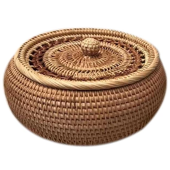 

Rattan Weave Food Container Storage Box Handmade Organizer Kitchen Breathable Cans with Lid