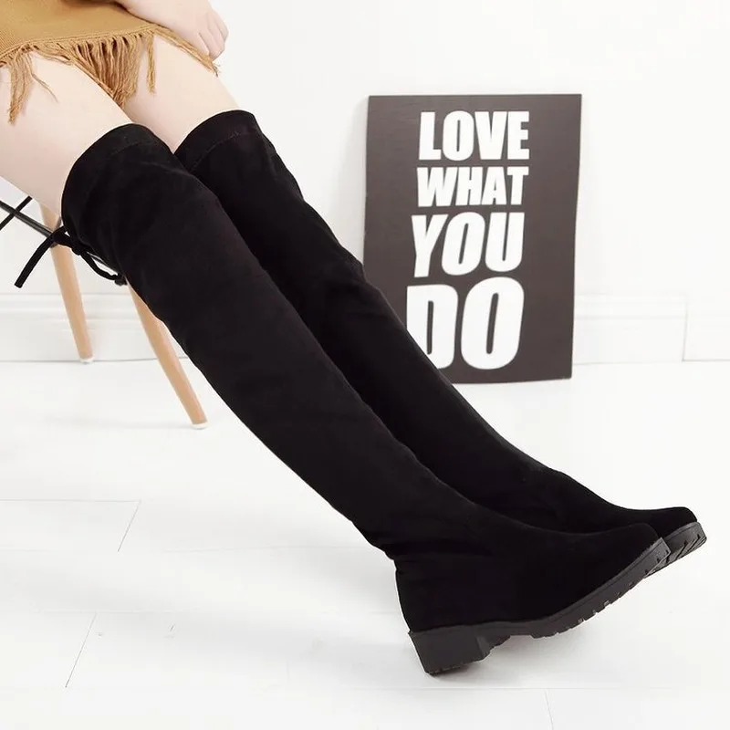 

Women Boots Female Autumn Winter Ladies Flat Bottom Boots Shoes Over The Knee Thigh High Black Suede BootsBlack Botas Mujer