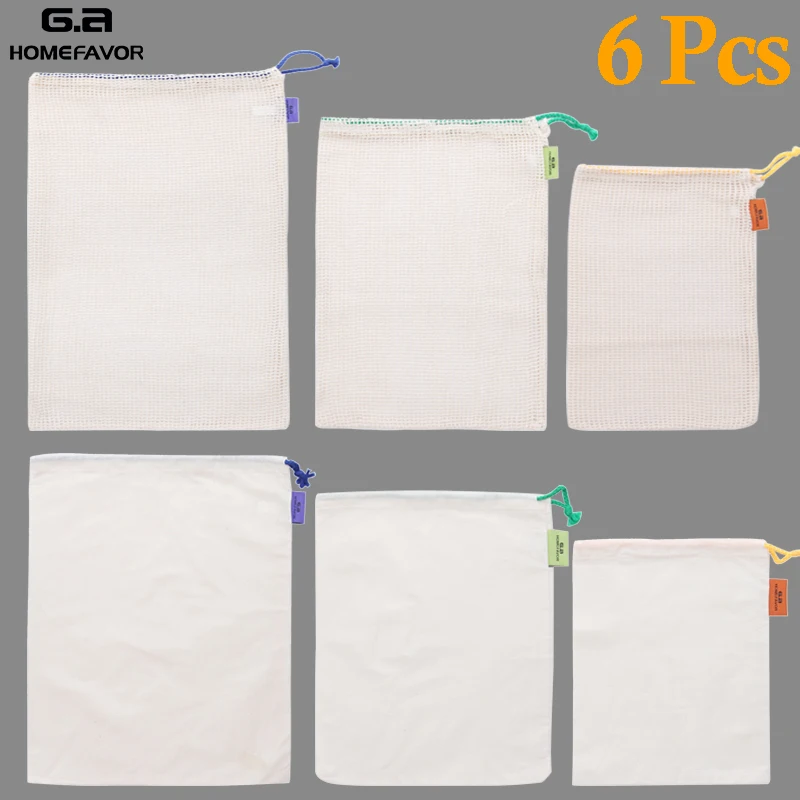 

6 Pcs Cotton Mesh Produce Bags Drawstring Shopping Bags Reusable Storage Bag Eco-Friendly Fruit Vegetable Muslin Bags
