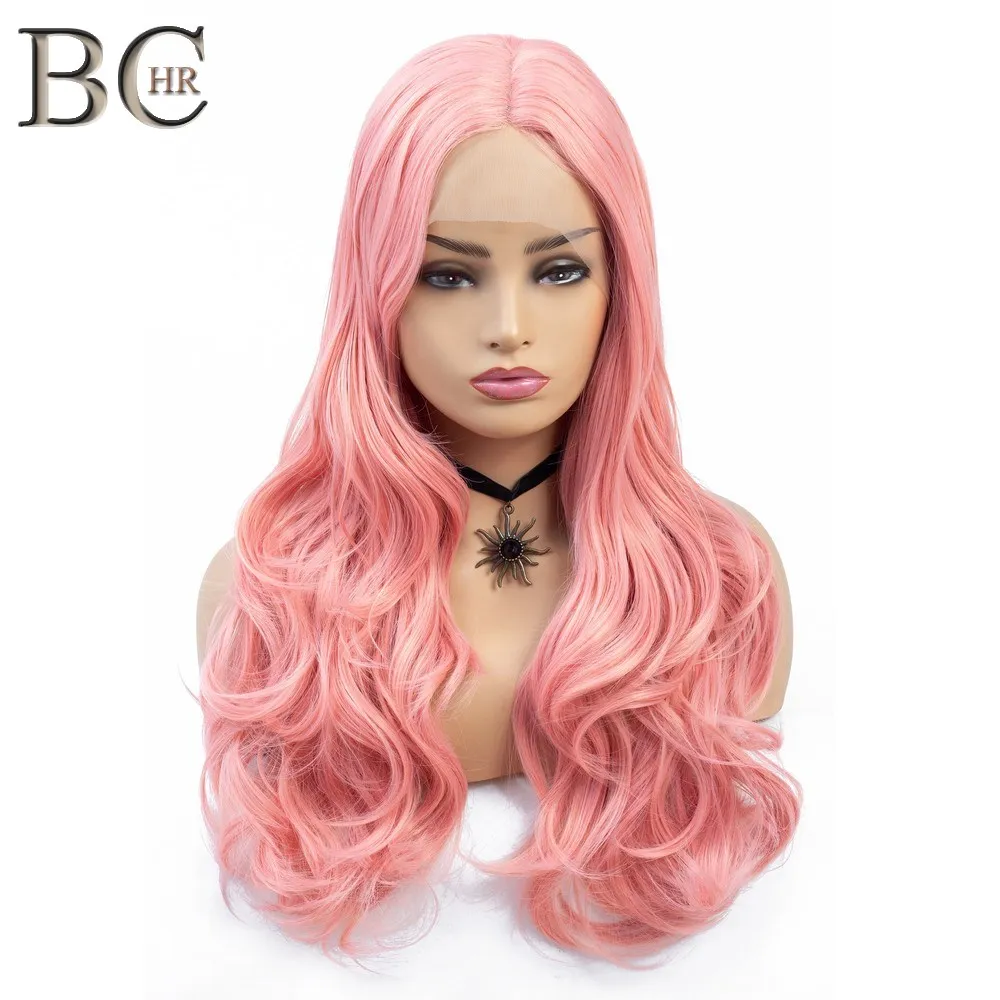 BCHR длинные рулонные волны 13*4 Кружева передние парики для белых женщин Розовый Синтетический Косплей парик