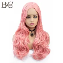 BCHR длинные рулонные волны 13*4 Кружева передние парики для белых женщин Розовый Синтетический Косплей парик