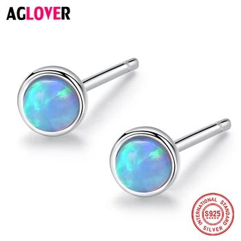 

AGLOVER 925 Sterling Silver Opal Earrings Round Blue Opal For Woman Fashion Gift Engagement Jewelry 2020 Hot Sale Earrings