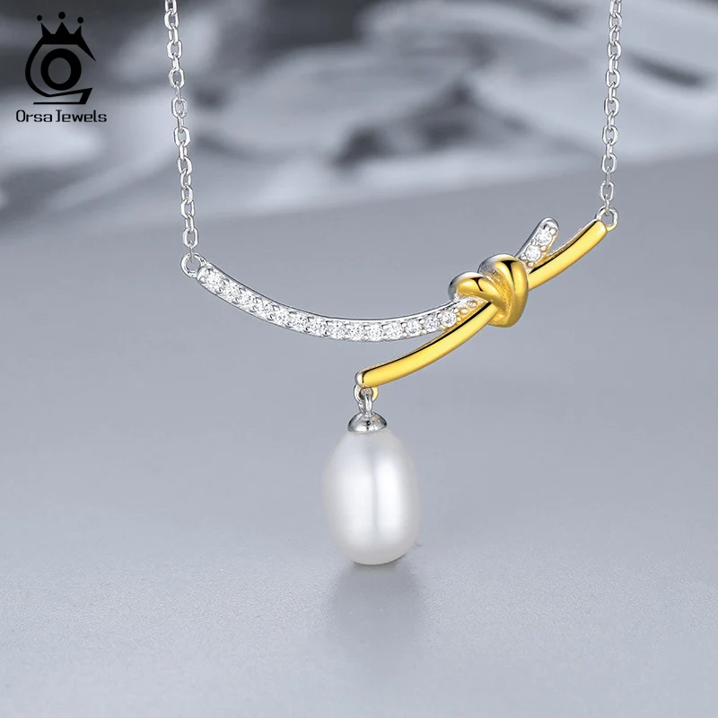 ORSA JEWELS 8*10mm White Natural Freshwater Pearl Pendants Necklaces 925 Silver Gold Plated Knot Zirconia Clavicle Chain GPN01 - Image 3