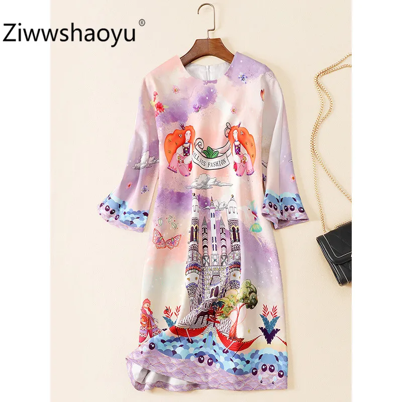 Ziwwshaoyu Мода Мультфильм Письмо печати свободное платье Женские Половина рукава Алмаз Высокое качество осень короткие платья