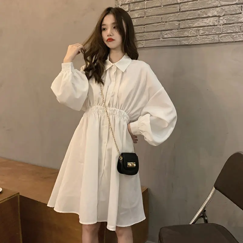 Dress Women Korean Elastic Waist Design Vintage Black Simple Summer Womens Vestidos Lantern Sleeve Trendy Preppy Girls Dresses mini dress Dresses