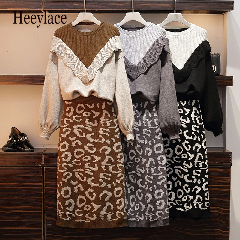 

plus size knitting two piece set women autumn winter high quality knitted long sleeve casual sweater and elastic waist skirt set