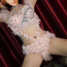 Сексуальные Стразы, розовый сетчатый боди, Женский танцевальный бар, наряд для дня рождения, праздничный наряд, наряд для вечеринки, для певца