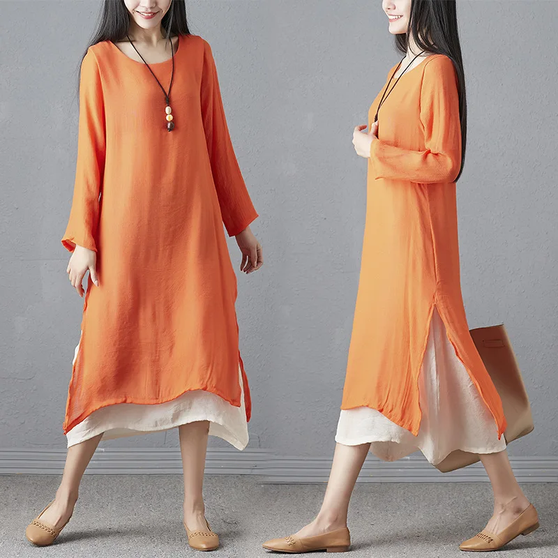

Spring Cotton Linen Dress Origional WOMEN'S Dress Literature And Art Retro Loose Large Size Long Sleeve Long Skirts Women's