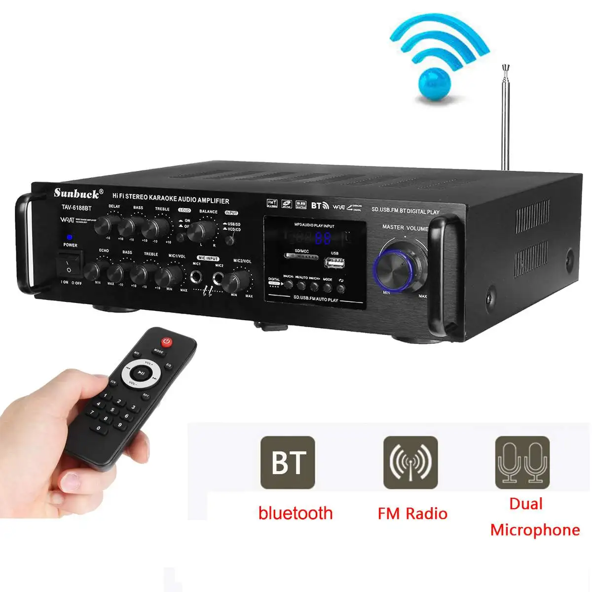 Мощность Full 2000 Вт 110 В 220 в bluetooth 4 Ом стерео аудио Мощность HiFi усилитель для караоке+ RC Поддержка 2 микрофона FM Усилитель мощности