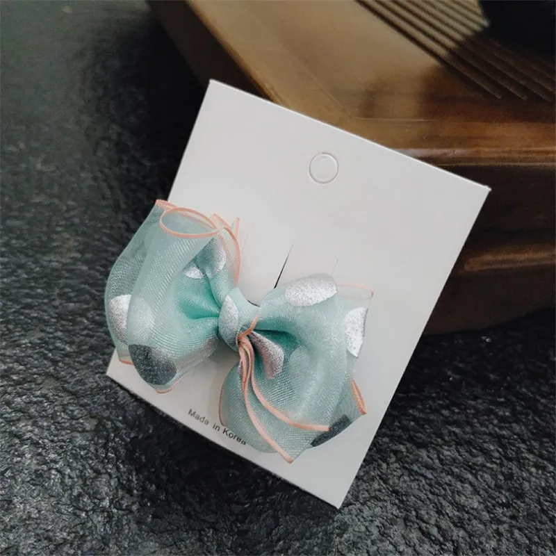 green clip 15 шт./лот, новейшие модные милые газовые заколки в горошек с бантом, милые однотонные заколки с бантом, заколки для волос, аксессуары для волос принцессы - Цвет: green clip