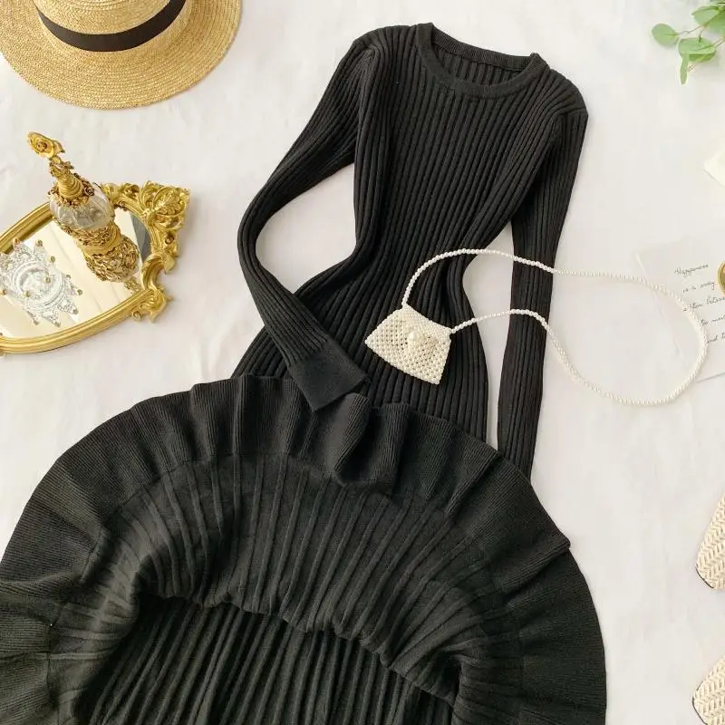 ALPHALMODA ТРАПЕЦИЕВИДНОЕ трикотажное платье с длинными рукавами облегающее расклешенное женское изящное осенне-зимнее платье-свитер
