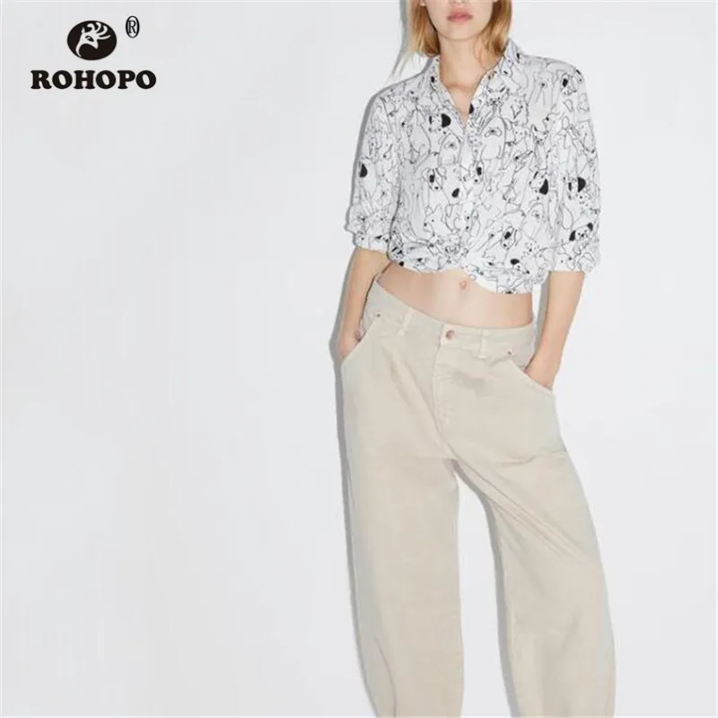 

ROHOPO Women Pullover Cartoon Dog Chic Art Autumn Blouse Short Ladies Top White Shirt #2116