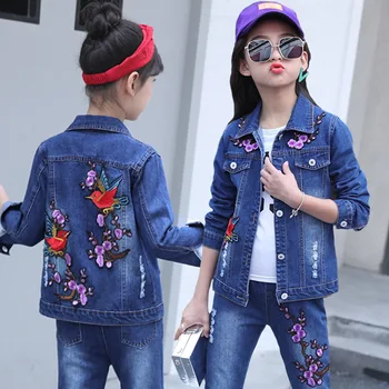 

Autumn Winter Kids Baby Girls Clothes Jean Sets Floral Applique Long Sleeve denim 2 piece suit Jacket Tops Long Pants Outfits
