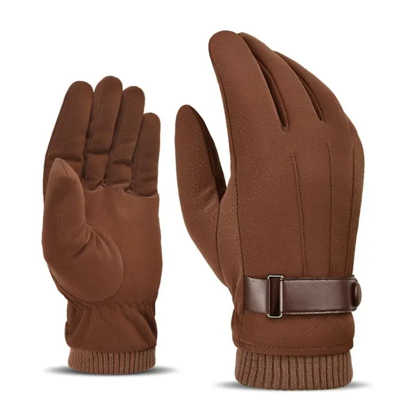 Зимние толстые перчатки для сенсорного экрана с полным пальцем, ветрозащитные водонепроницаемые непромокаемые пушистые спортивные варежки, велосипедные перчатки - Цвет: Brown