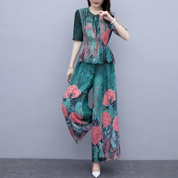 

Women Set Clothing Female Two 2 Piece Pants Suit Floral Print Top Wide Leg Trousers Casual Spring Summer Boho Pantsuit Plus Size