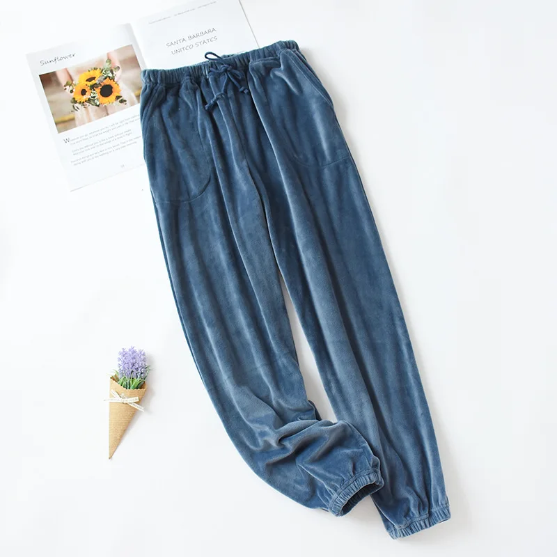 Новинка; зимние качественные женские плотные однотонные теплые фланелевые домашние штаны для пар; пижамные штаны - Цвет: Women light blue