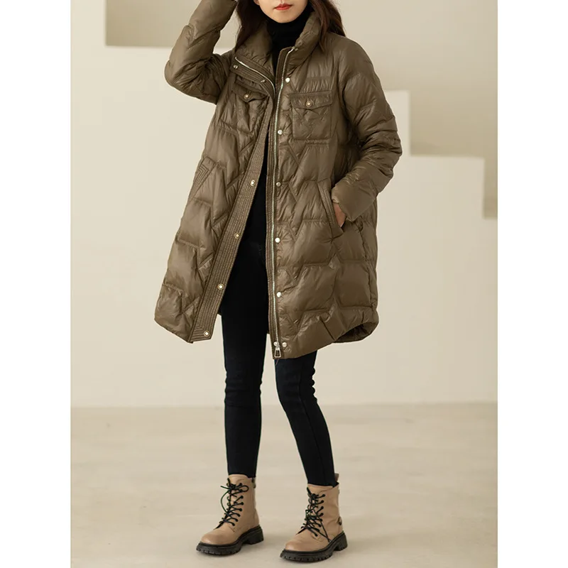 Mid-length White Duck Down Jacket 2021 Winter New Fashion Stand-up Collar Solid Color Western-style All-match Jacket