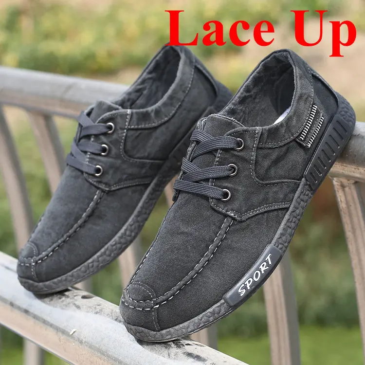 gray lace up Модная мужская парусиновая обувь; Мужская Летняя Повседневная обувь из джинсовой ткани; мужские кроссовки; Лоферы без застежки; мокасины для вождения; chaussure homme; Цвет Черный - Цвет: gray lace up