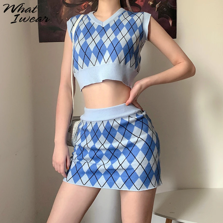 Whatiwear вязаный свитер с треугольным вырезом и юбка узором ромбиками комплект из