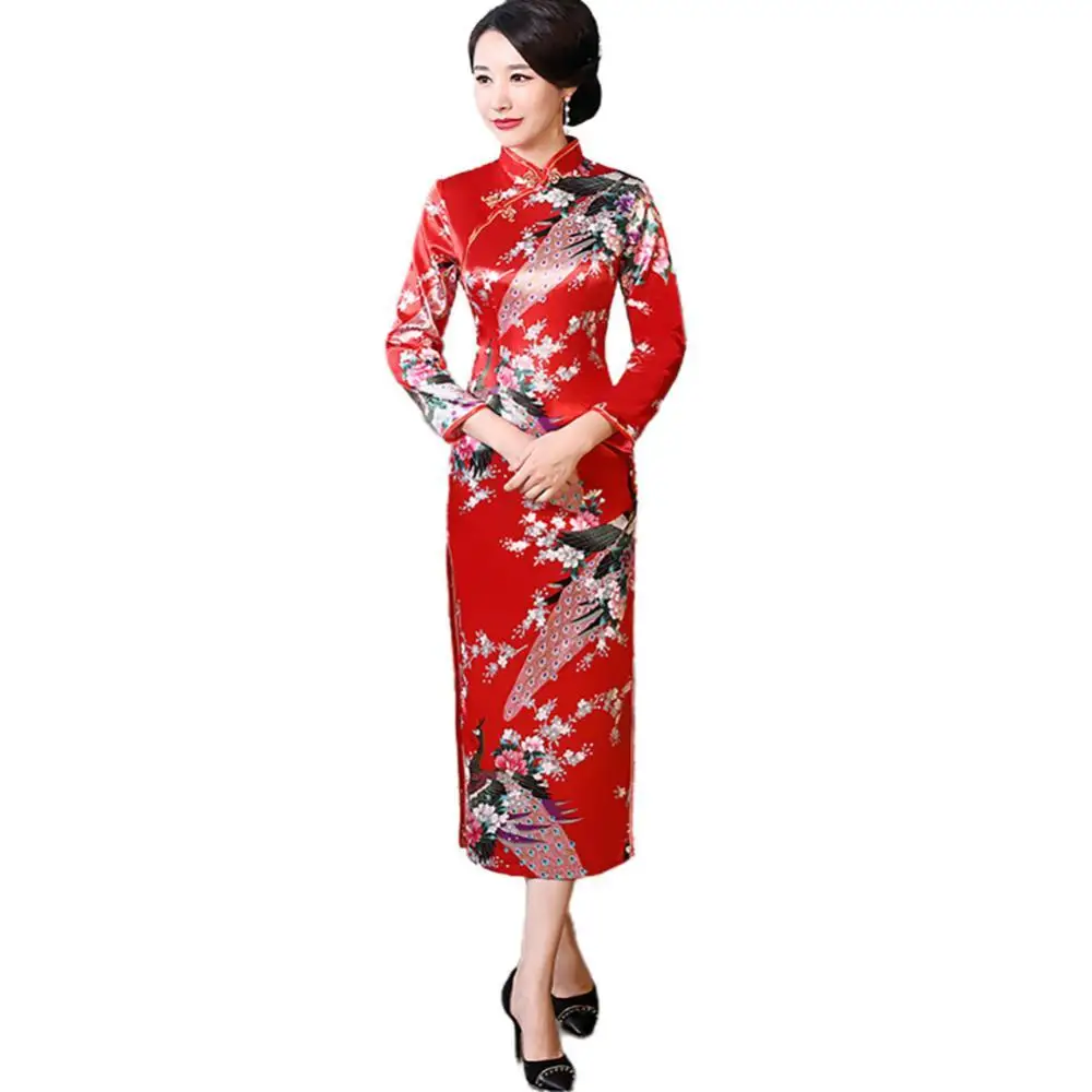 Traditional Chinese Qipao Women 3/4 Sleeve Peacock Sexy Slim Split Long Cheongsam Stage Show Midi Slim Dress For Wedding