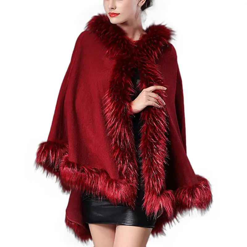 Зимнее пальто из искусственного меха, женские пончо и накидки, меховой верх, свадебное платье, шаль с капюшоном, пушистое пальто для женщин - Цвет: Красный