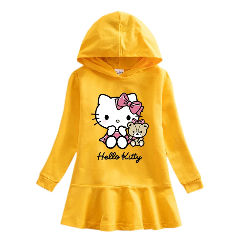 thumbnail image 1 of Hello Kitty primavera y otoño nuevos niños vestido suéter con capucha niña lindo dibujos animados dulce señora falda bebé algodón vestido cómodo, 1 of 5