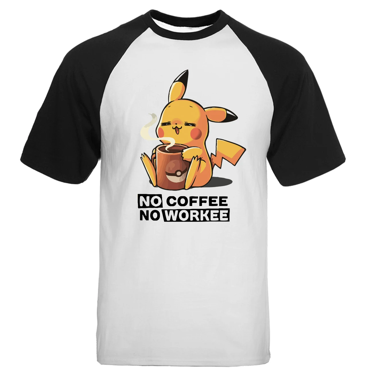 Pikachu No coffee No Workee, Мужская Футболка реглан, Kawaii, летние топы из хлопка с коротким рукавом, свободные милые футболки с японским аниме - Цвет: Black White 6