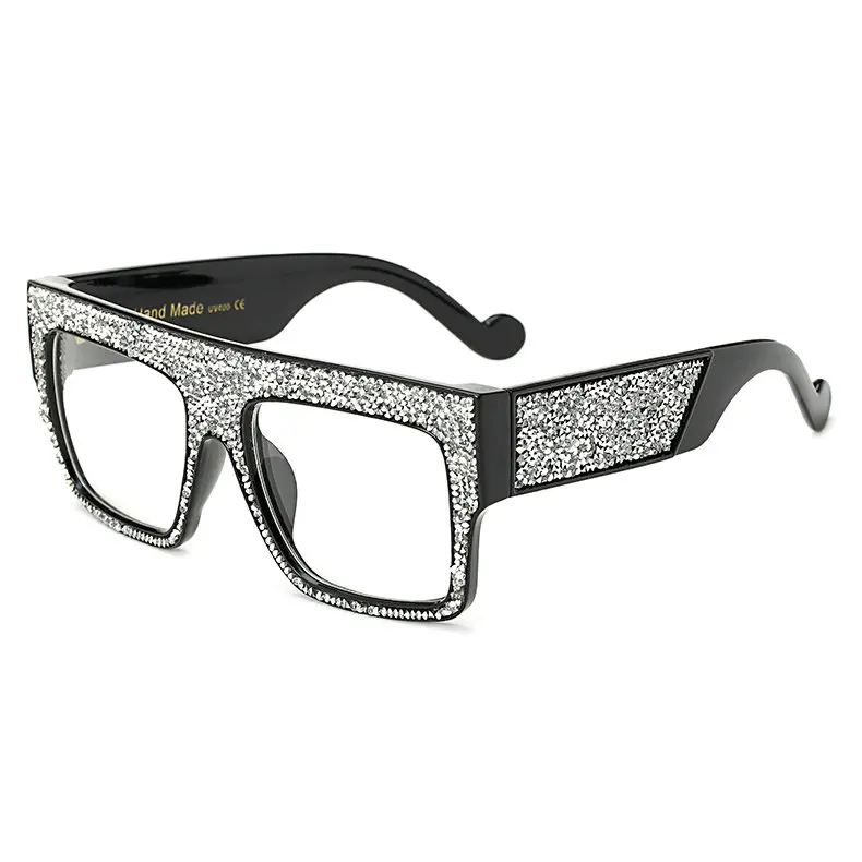 Большие роскошные квадратные солнцезащитные очки с кристаллами для женщин, градиентные солнцезащитные очки с бриллиантами, мужские зеркальные линзы, унисекс, оправа для очков FML - Цвет линз: silver plian