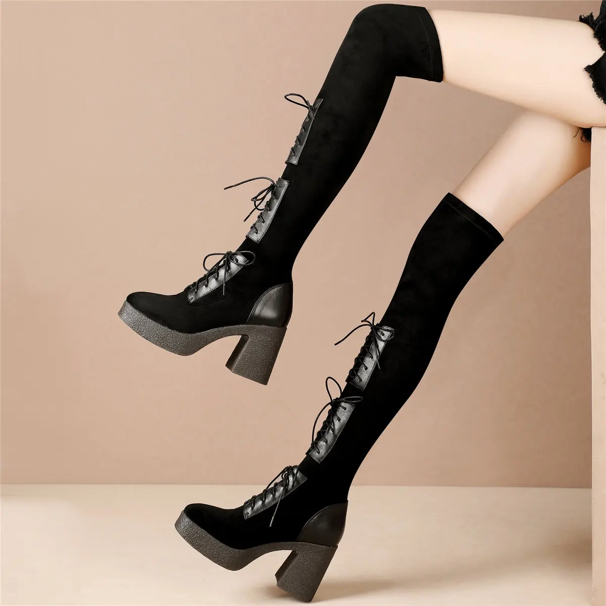 

Women Lace Up Genuine Leather High Heel Thigh High Boots Female Winter Warm Stretchy Velvet Slim Leg Platform Pumps Casual Shoes
