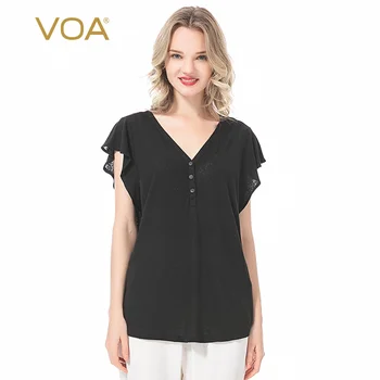 

VOA Summer New Deep V-neck Lotus Leaf Short Sleeve Loose Casual Pullover Fashion Three Button Multi-Colored Options T-shirt BI70