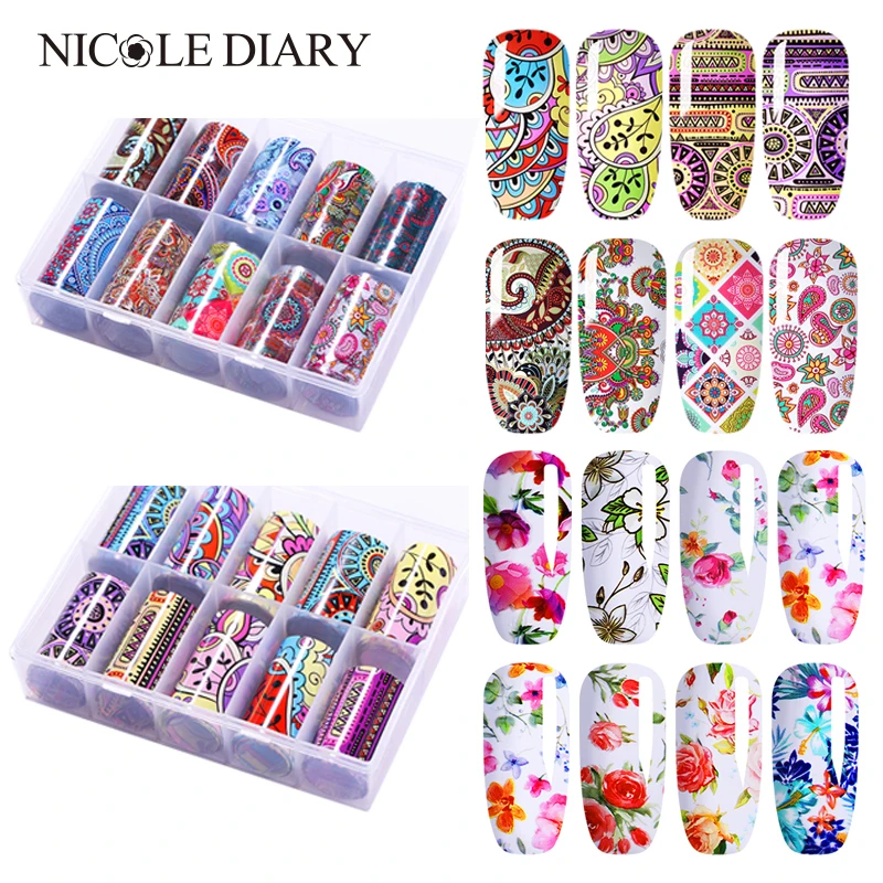 10pcs Flower Nail Art Foils Transfer Slider Mixed Designs Rose DIY Sticker Nail Foil UV Gel Adhesive Wraps Accessories