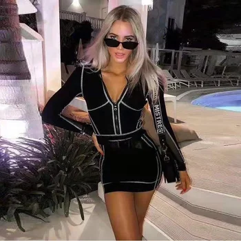 

Fashion Striped Black Long Sleeve Sexy Bodycon Mini Dress Women Bandage Mesh Patchwork Autumn Turtleneck Party Vestido Club 2019