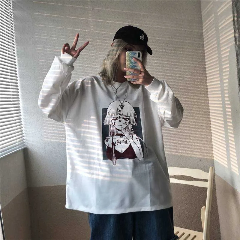 NiceMix Harajuku Kawaii аниме футболка с принтом женская готическая негабаритная черная футболка Femme Топы Милые друзья белая футболка Корейская 90s C - Цвет: Белый