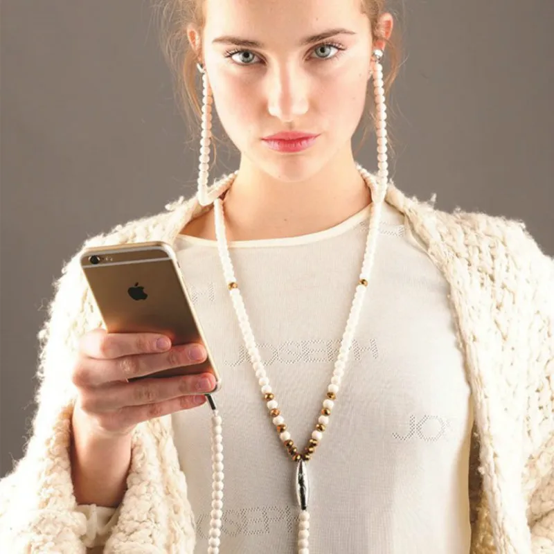 Pearl Necklace Earphones Rhinestone Jewelry With Mic Headset Line Type Earpiece For Iphone Xiaomi Huawei Connect To Audio Device
