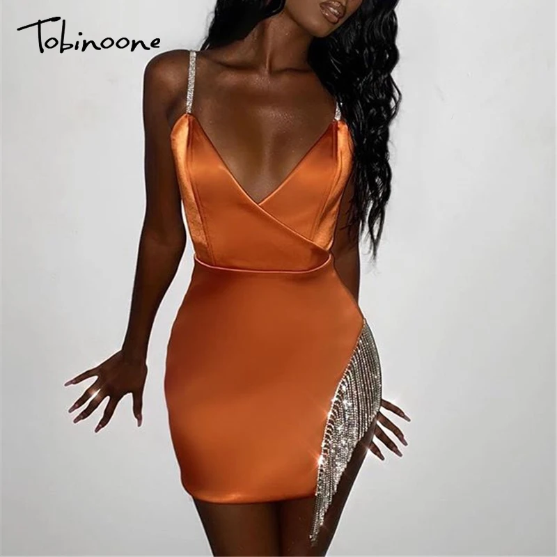 Goede Tobinoone Zomer Sexy Kwastje Diamond Party Dress Bodycon Spaghetti Strap Elegante V hals Jurken Vrouwen Club Mini Jurk Vestidos
